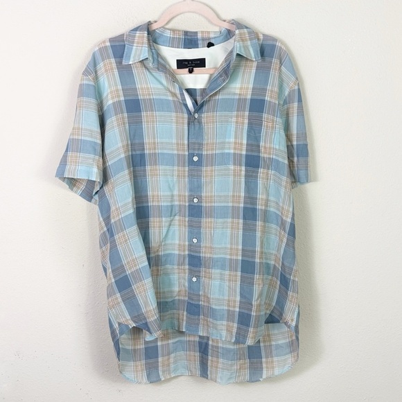 Rag & Bone Blue Beige Gus Button Down Shirt Short Sleeve size Large - Picture 7 of 11